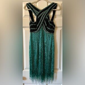 1991 Bob Mackie Couture Teal and Black Beaded Fringe Mini Cocktail Dress Size 10